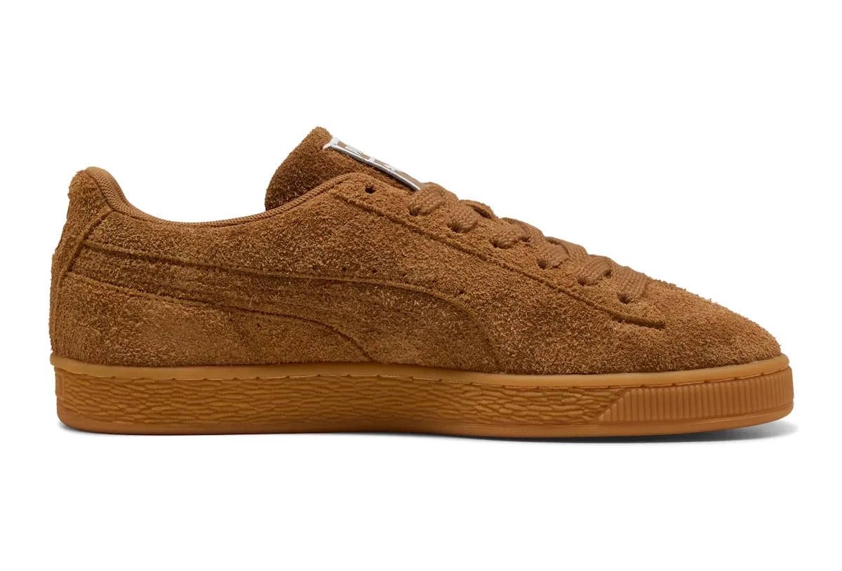 Medial view of brown shaggy suede with a tonal Formstrip and gum sole, Forever