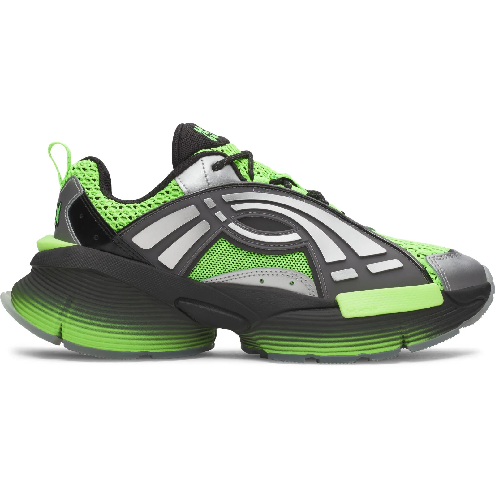 Lateral view on white, neon green mesh, silver paneling and black-to-green ribbed midsole, 25XX
