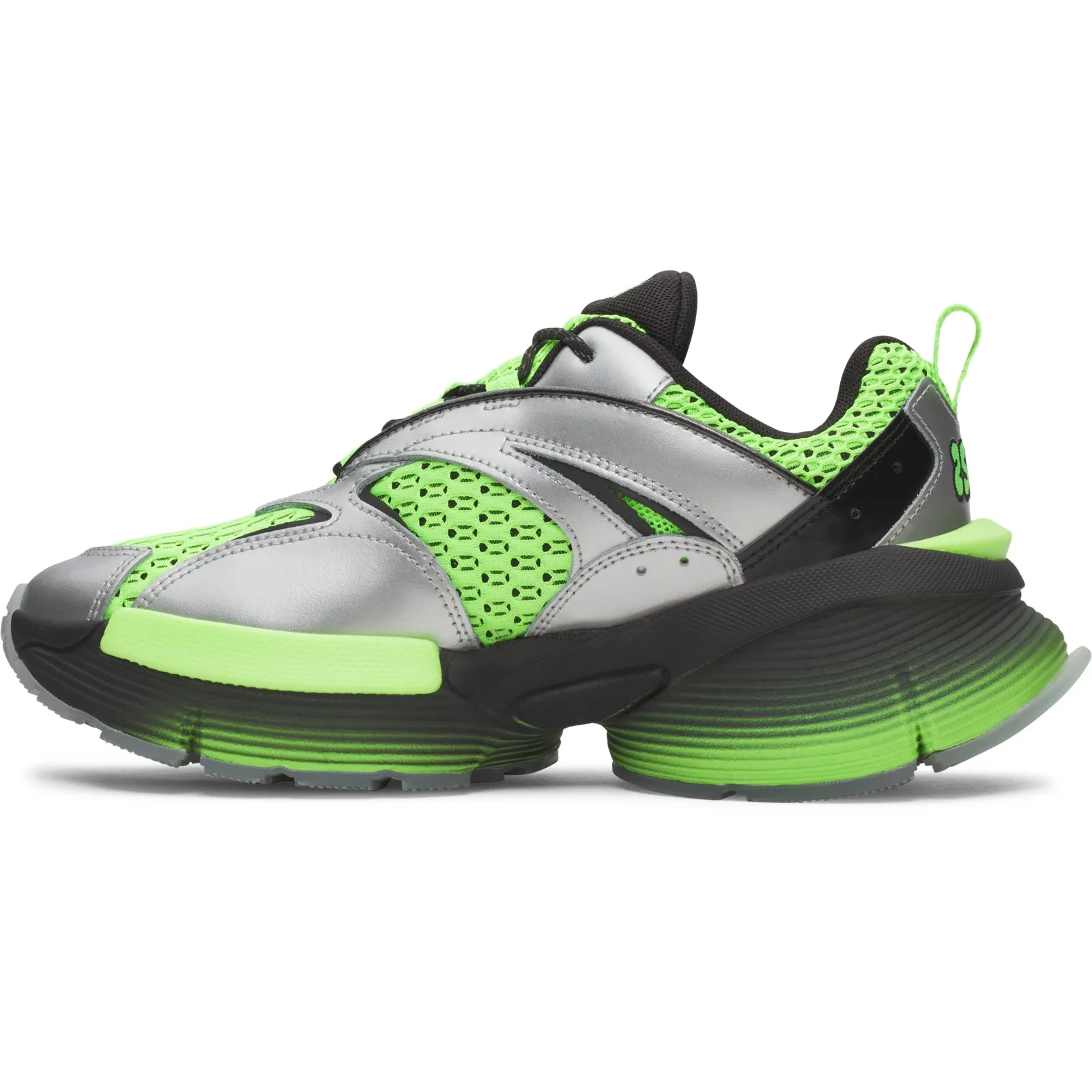 Medial view, silver leather and neon green mesh, black midsole fading to green, 25XX