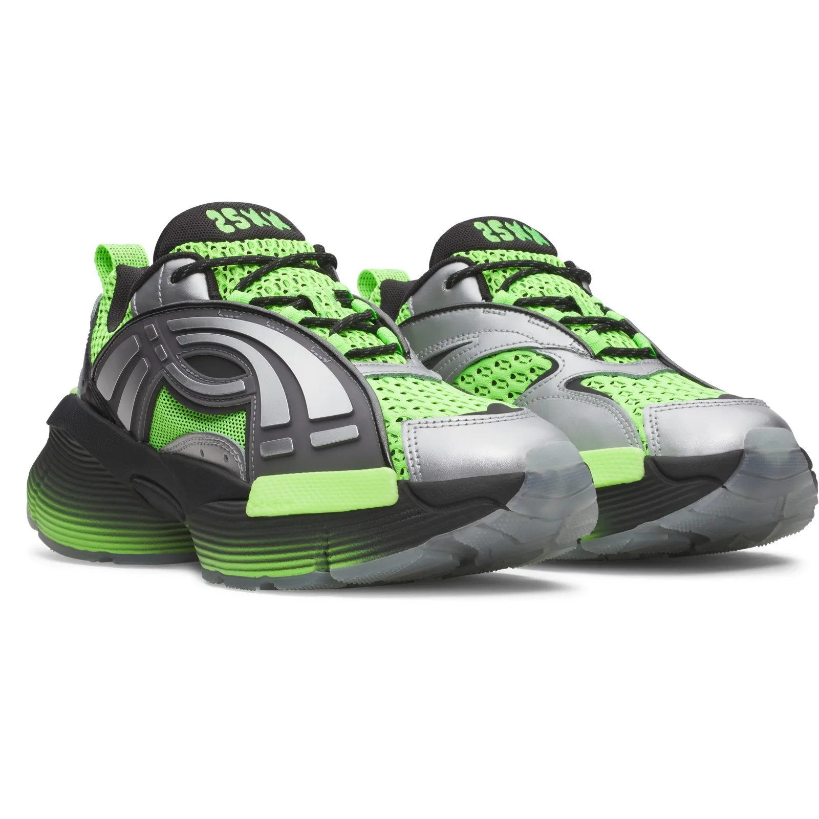 Pair at three-quarter angle, neon green mesh, silver toes and "25XX" on black tongues, 25XX