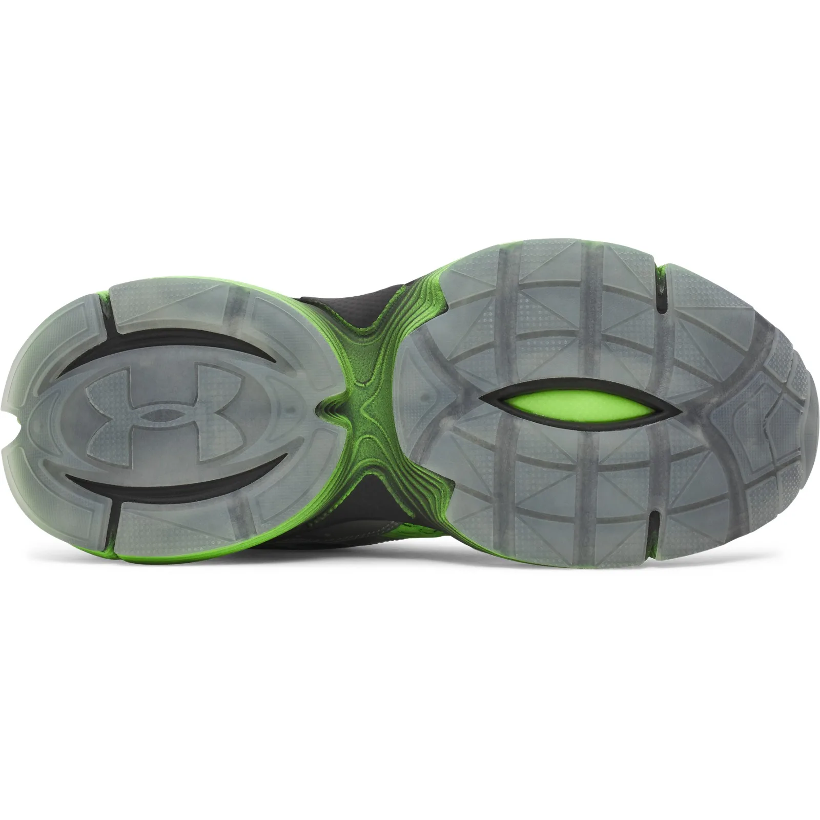 Outsole view, translucent grey tread with Under Armour logo and green midsole edges, 25XX