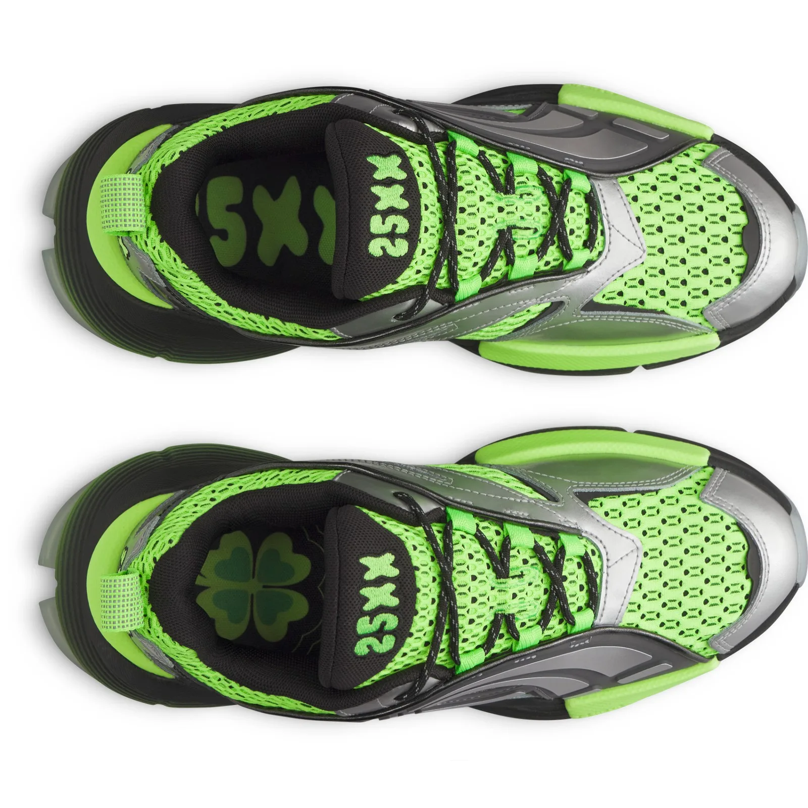 Top-down view of pair, black laces, "25XX" tongue text and clover insole graphic, 25XX