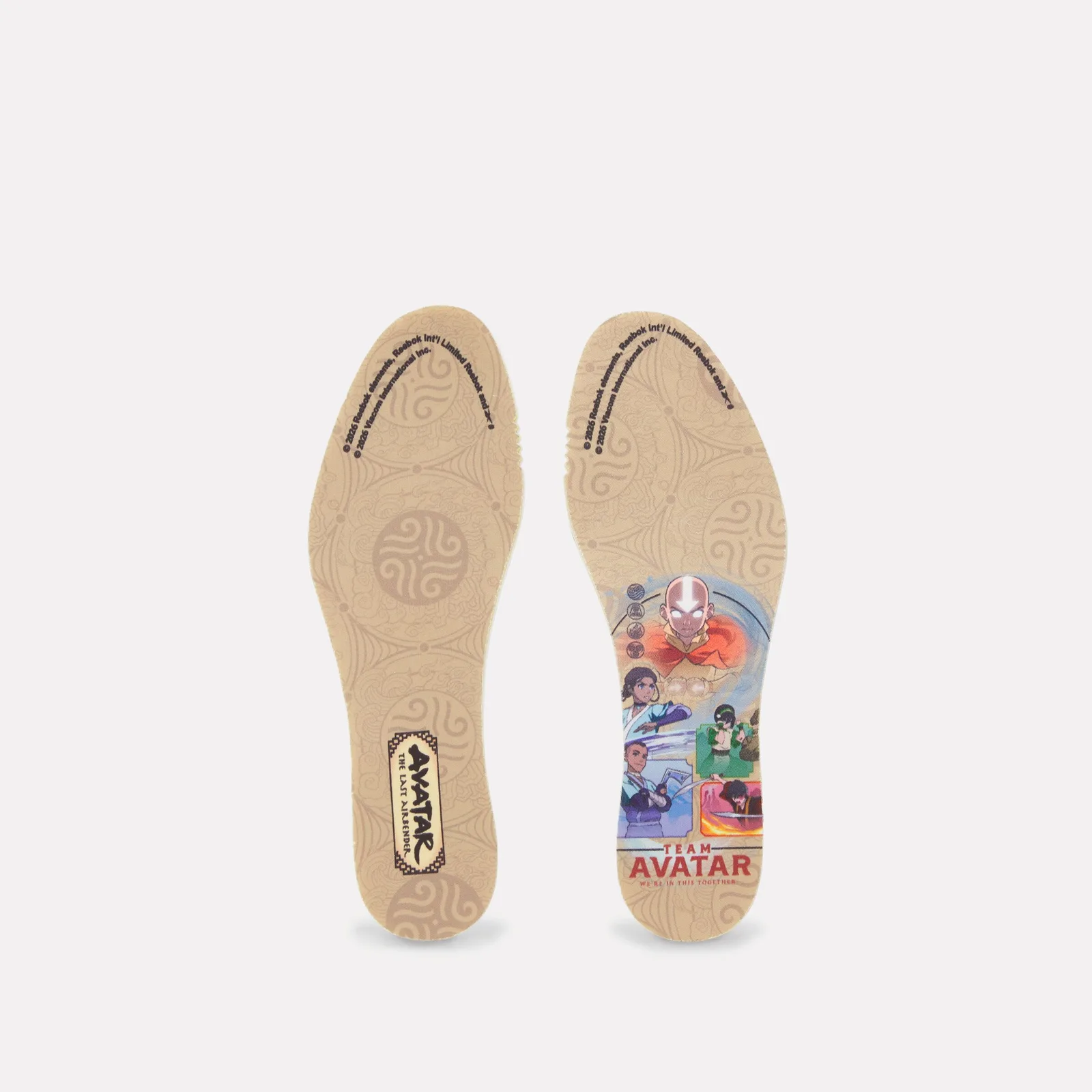 Pair of insoles, one with Avatar cast artwork and "Team Avatar" text, one with a logo label, Four Nations