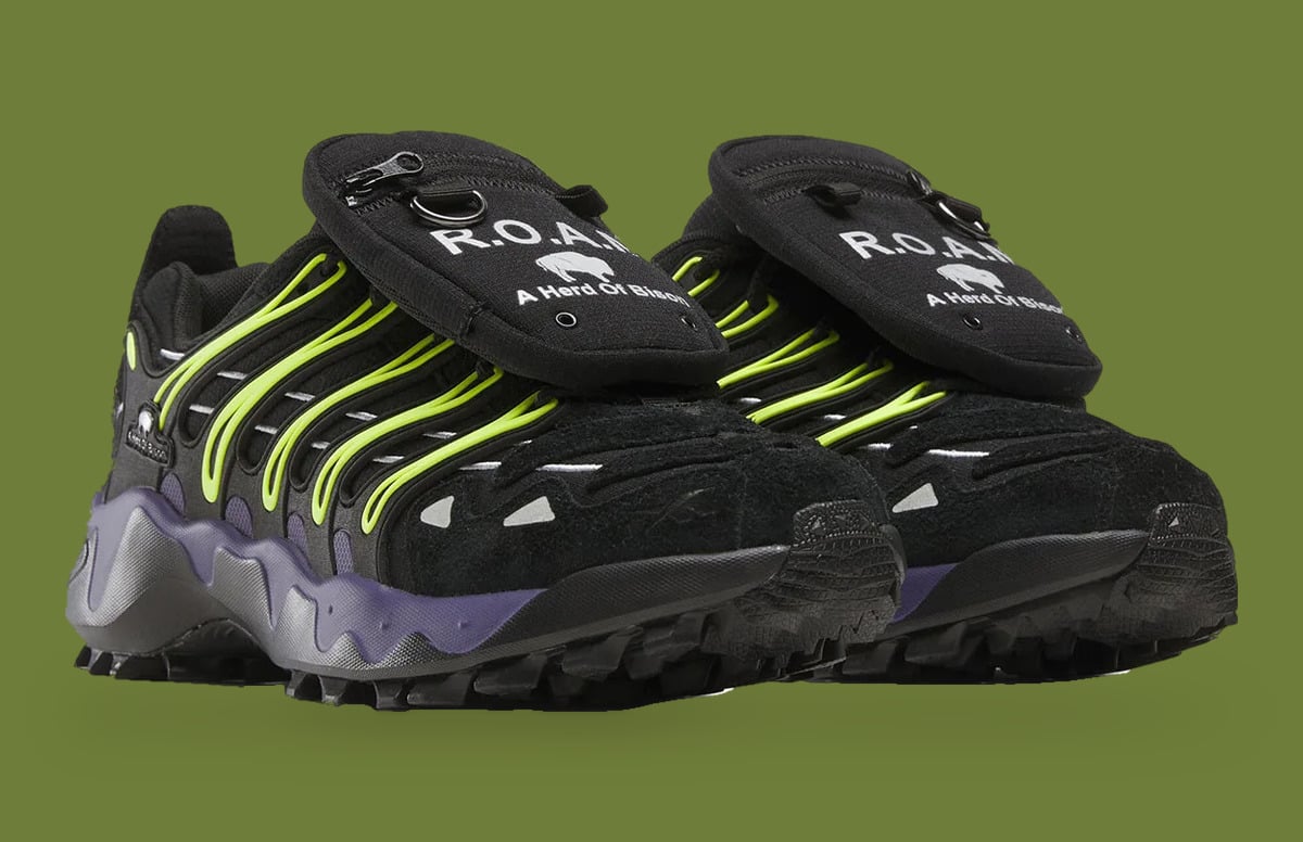 Front three-quarter pair, R.O.A.M and bison print on black pockets, purple midsole, Reebok DMX Trailzilla