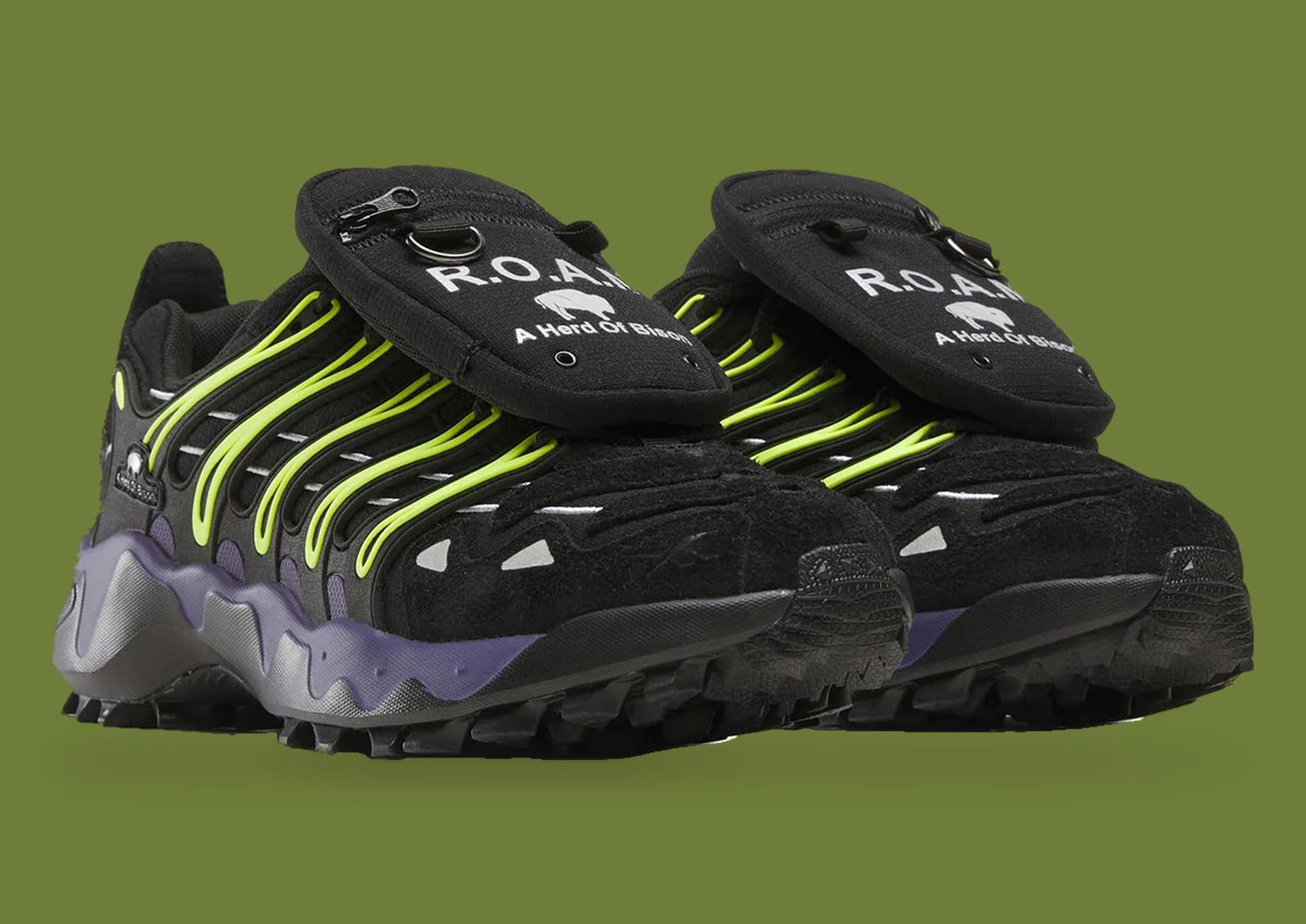 Front three-quarter pair on green backdrop, black zip pockets with R.O.A.M print and neon laces, Reebok DMX Trailzilla