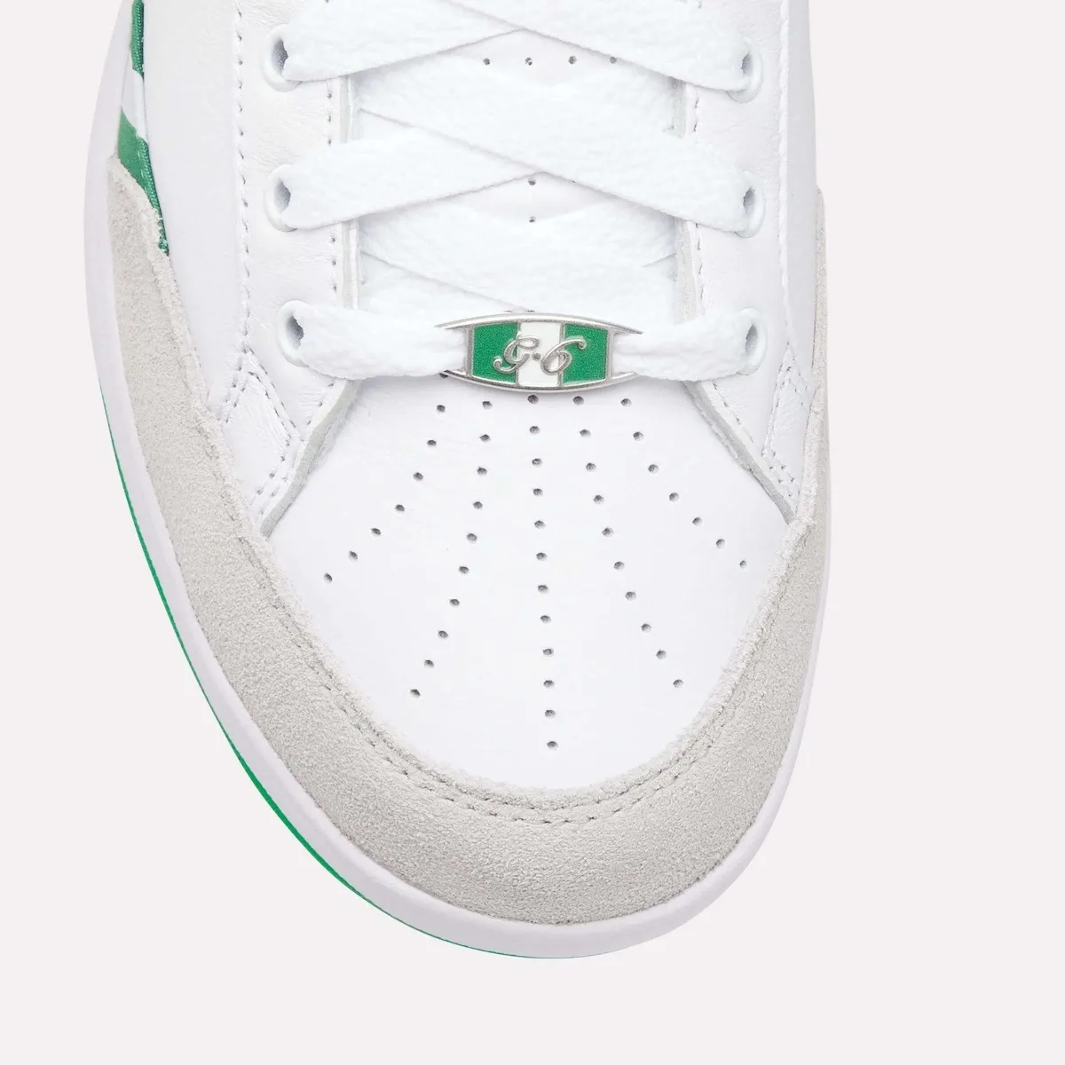 Top-down toe detail with white laces, green and white G6 lace charm, perforated toe and grey suede cap, White/Green