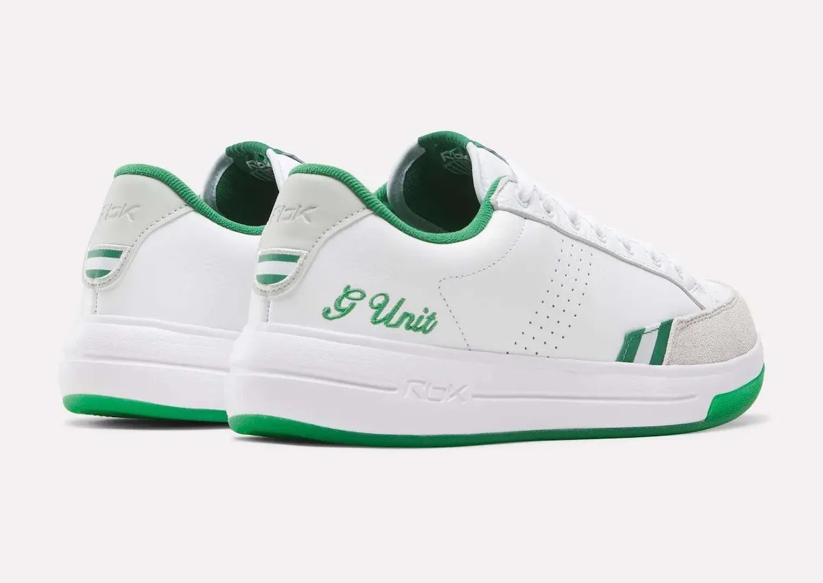Pair from the heel and lateral side, white leather with green collar piping, green script text and green sole edge