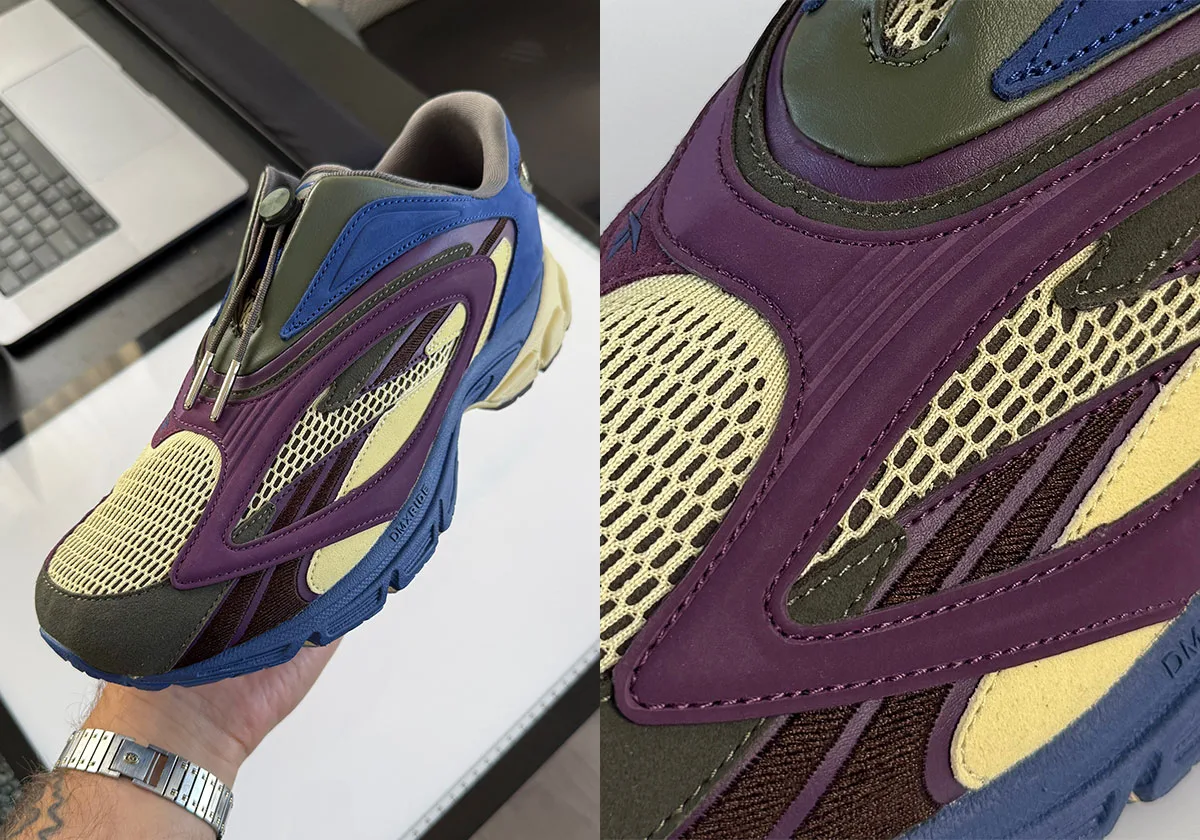 Split view: shoe held in hand with laptop behind, beside purple overlay and mesh close-up, Purple Suede