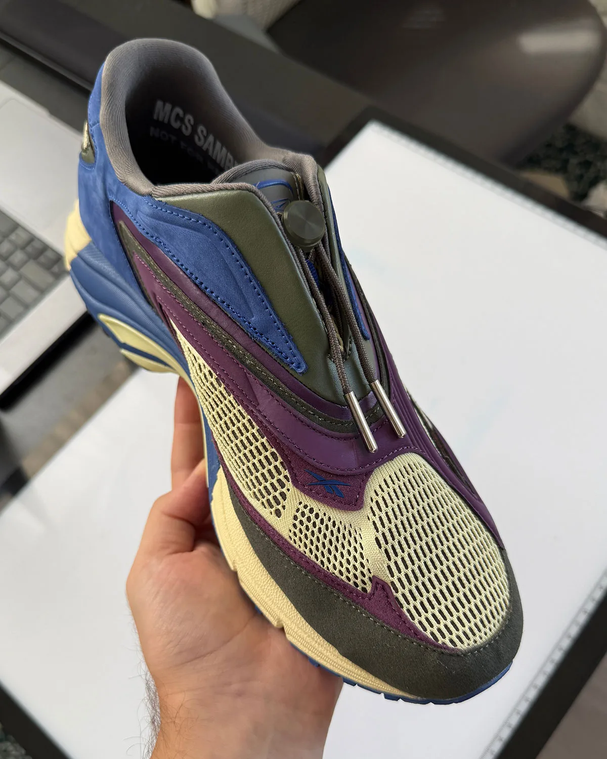 Top-down toe view in hand: cream mesh, purple overlays, toggle laces, text inside collar, Purple Suede