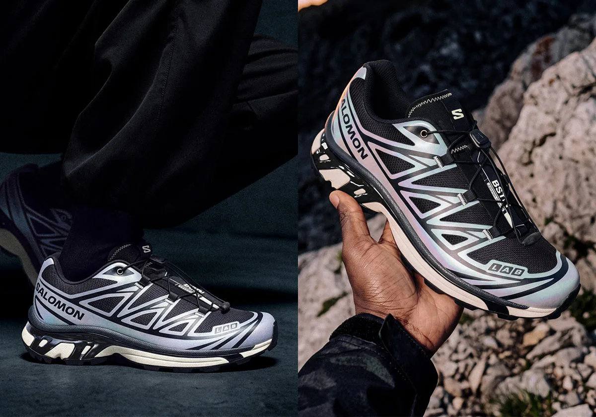Split image: on-foot lateral in dark studio, and shoe held up against rocks, 5 AM