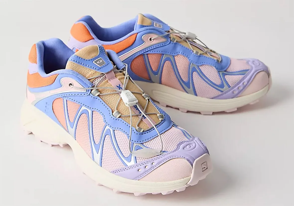 Pair in blue, lilac and orange with pink mesh, tan tongue and white lace toggle, x FP Movement
