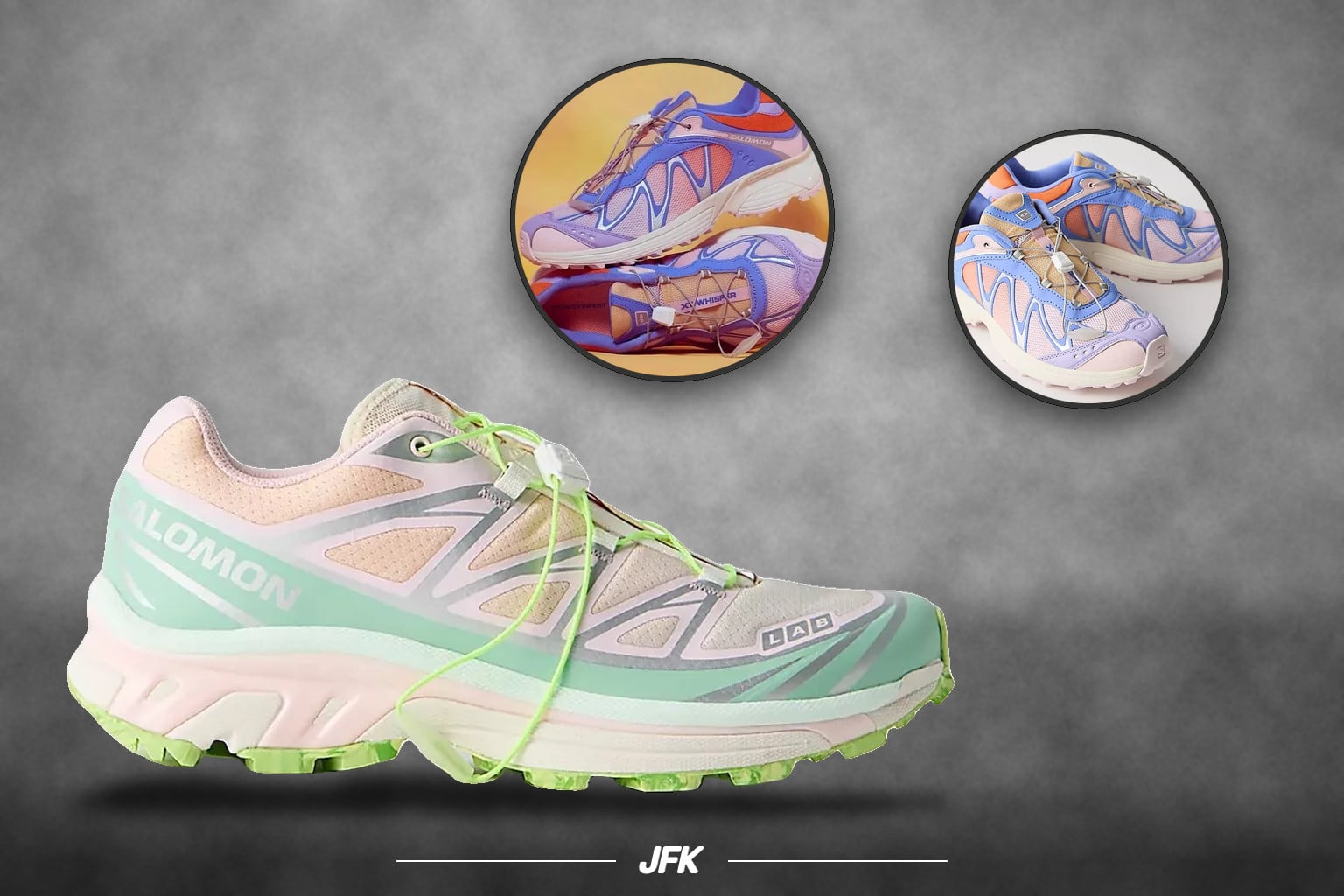 Lateral shoe in mint, pink and peach with neon green laces, plus two blue-purple pair insets, Salomon XT 6 x FP Movement