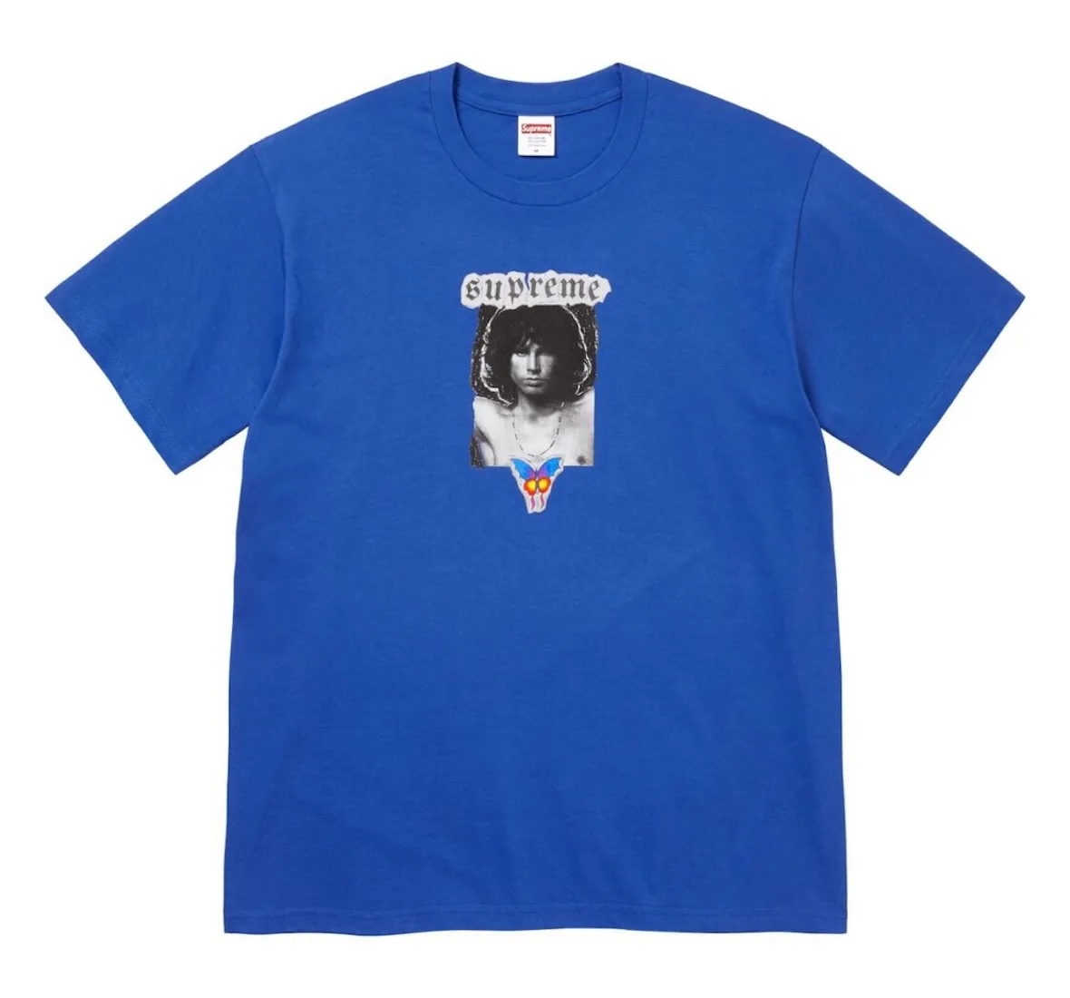 Front of royal blue tee with Supreme blackletter logo above a black-and-white portrait and butterfly, 2026 Tees Collection