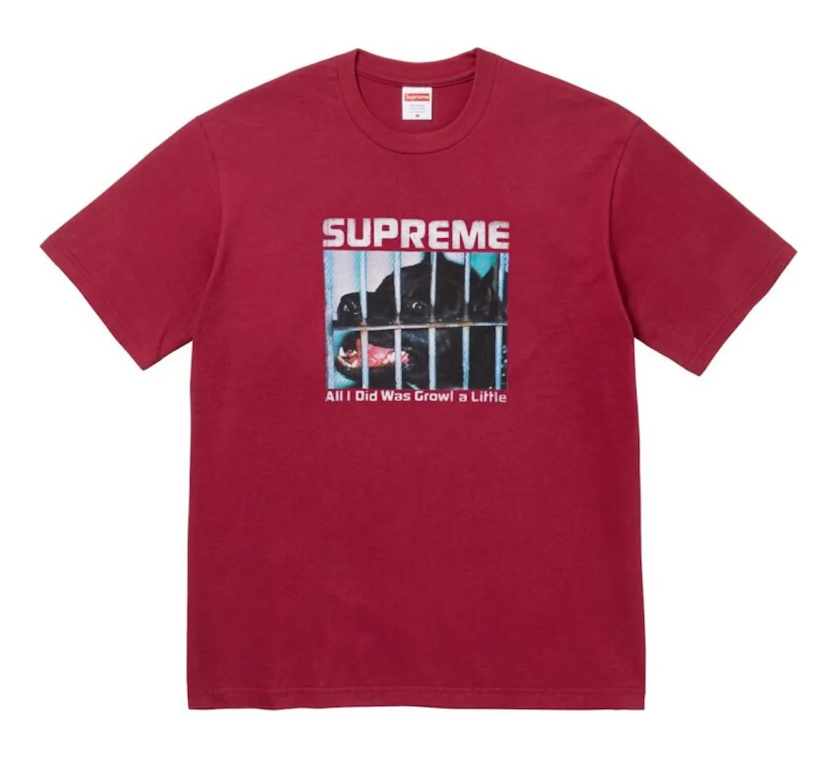 Front of burgundy tee with caged black dog photo and caption All I Did Was Growl a Little, 2026 Tees Collection