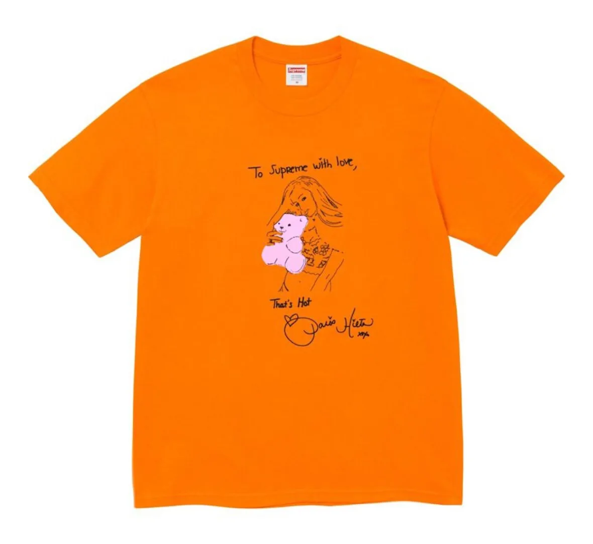 Front of orange tee with line-drawn woman holding a pink teddy bear and handwritten message, 2026 Tees Collection