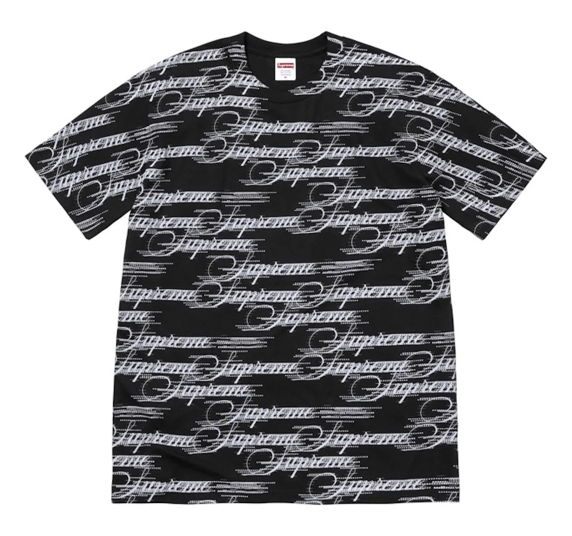 Front of black tee with all-over white script Supreme logo pattern and streaking dotted lines, 2026 Tees Collection