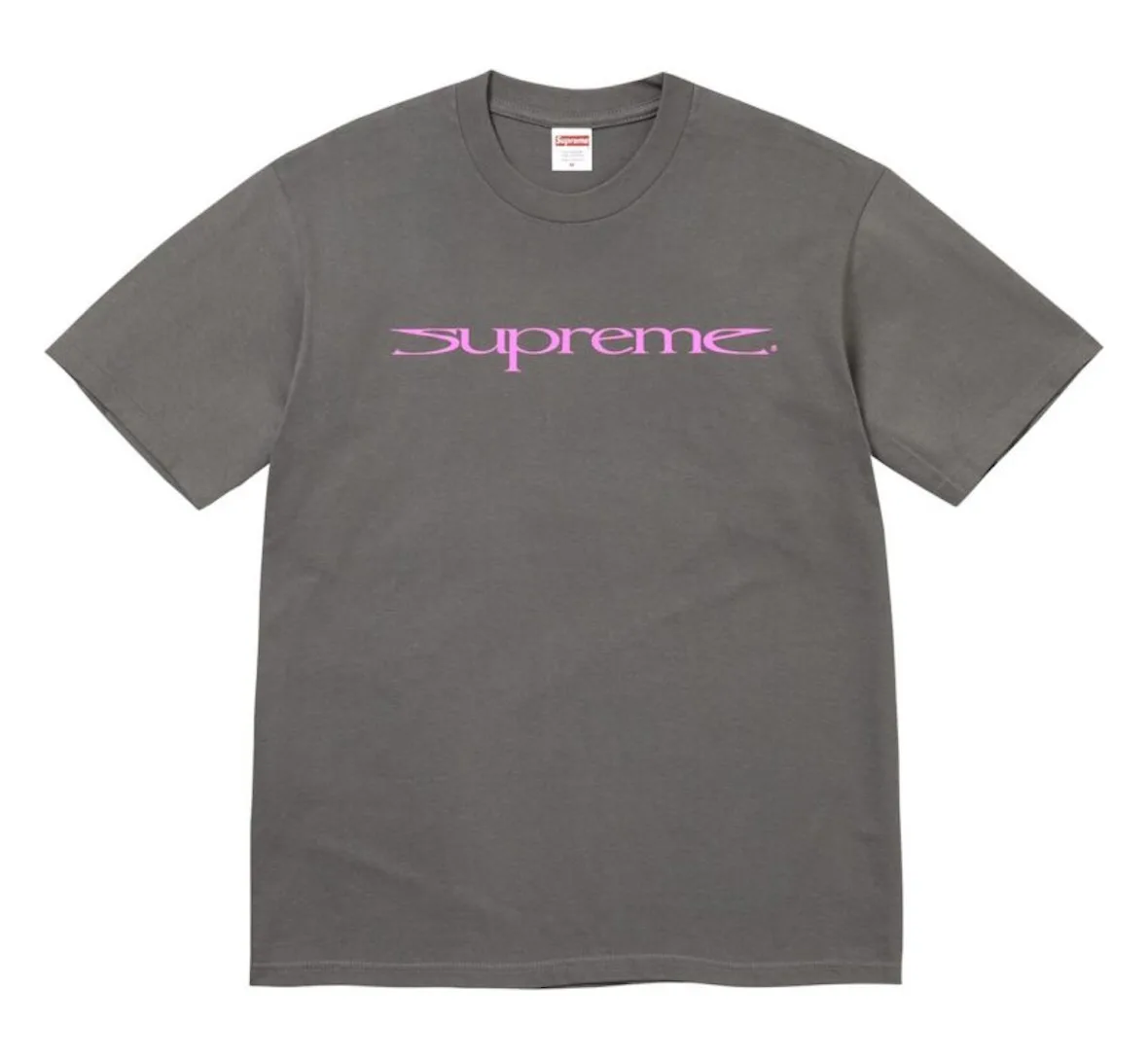 Front of charcoal grey tee with pink Supreme wordmark across the chest, 2026 Tees Collection