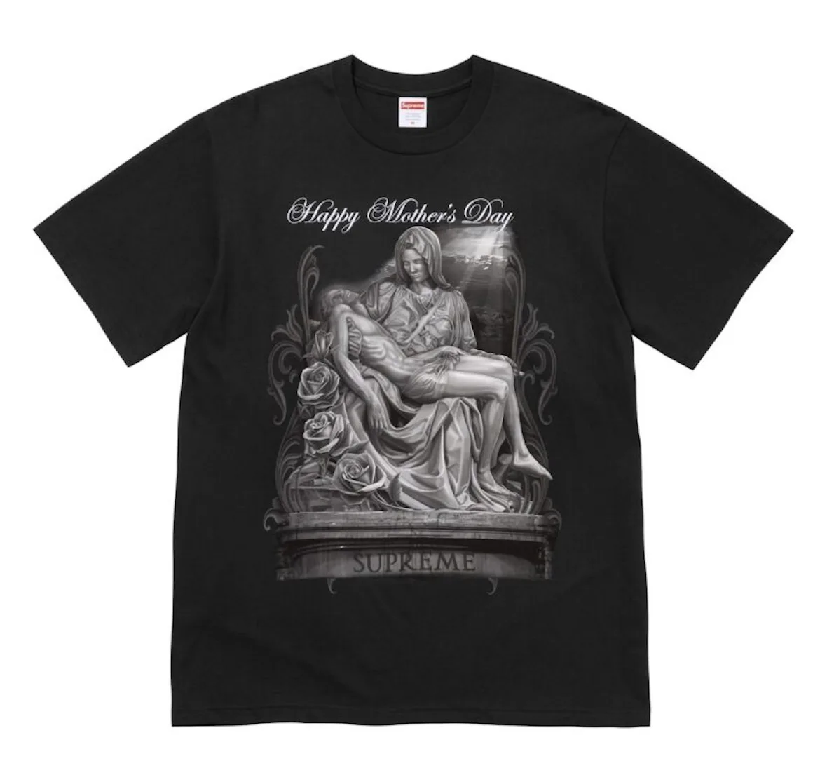 Front of black tee with grayscale pietà statue graphic and Happy Mother's Day script, 2026 Tees Collection