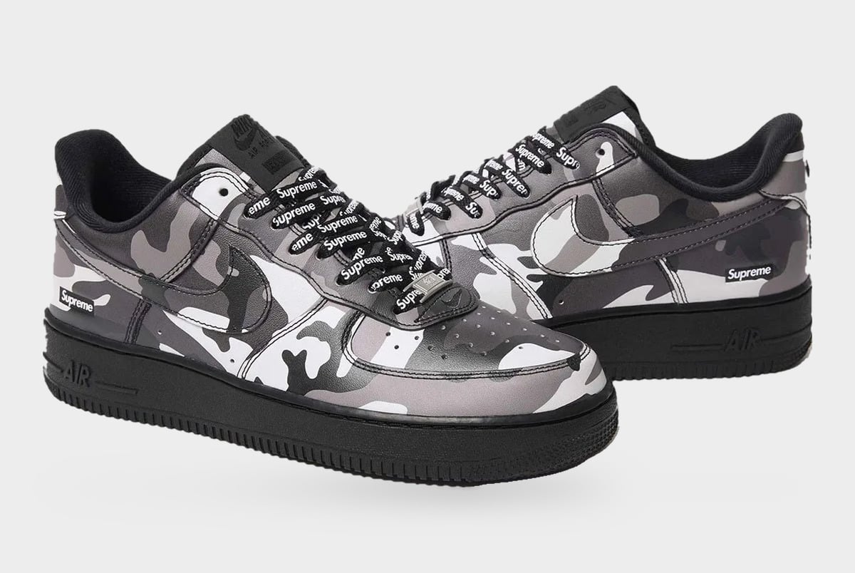 Pair in black, white and grey camo with black soles and Supreme-printed laces, Olive Camo