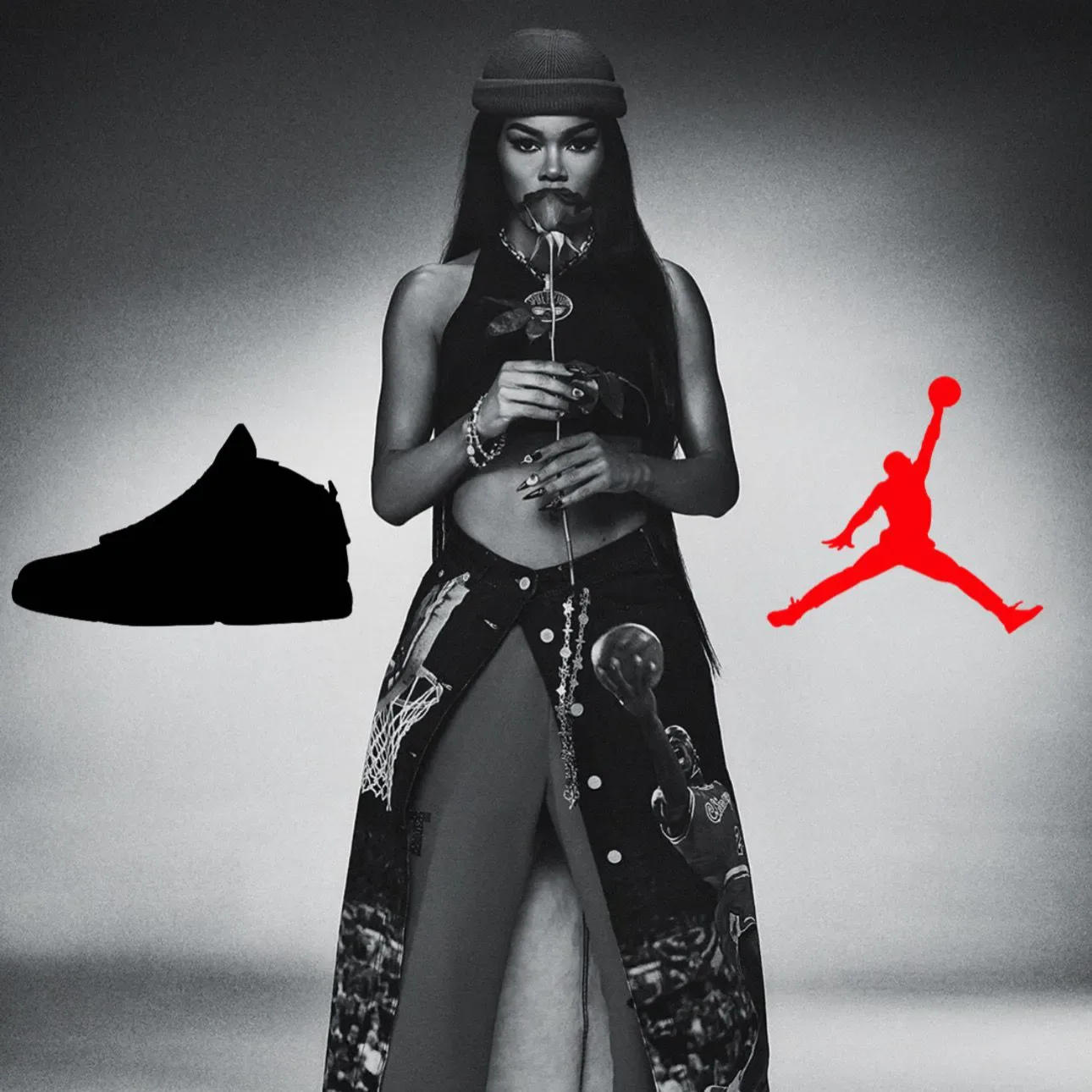 Full-length monochrome shot of a woman in a beanie with a rose, black shoe silhouette and red Jumpman logo beside her, Air