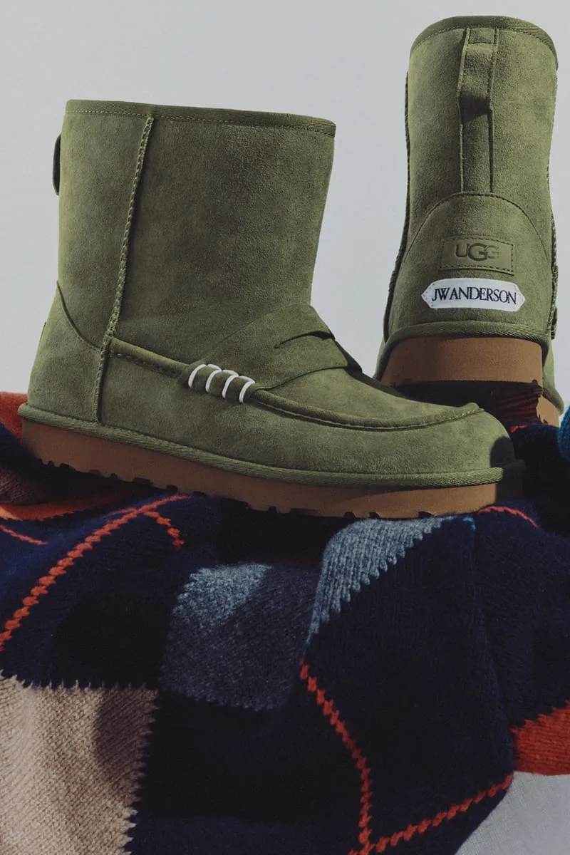 Olive suede boots on a colourful argyle knit, with a rear UGG patch and white JW Anderson label on the heel, x JW Anderson