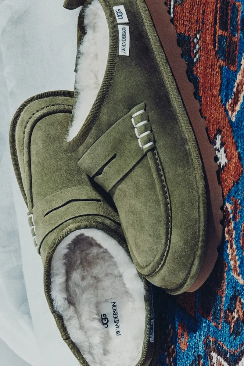 Olive suede loafer clogs on a patterned rug, with JW Anderson and UGG labels and shearling lining, x JW Anderson