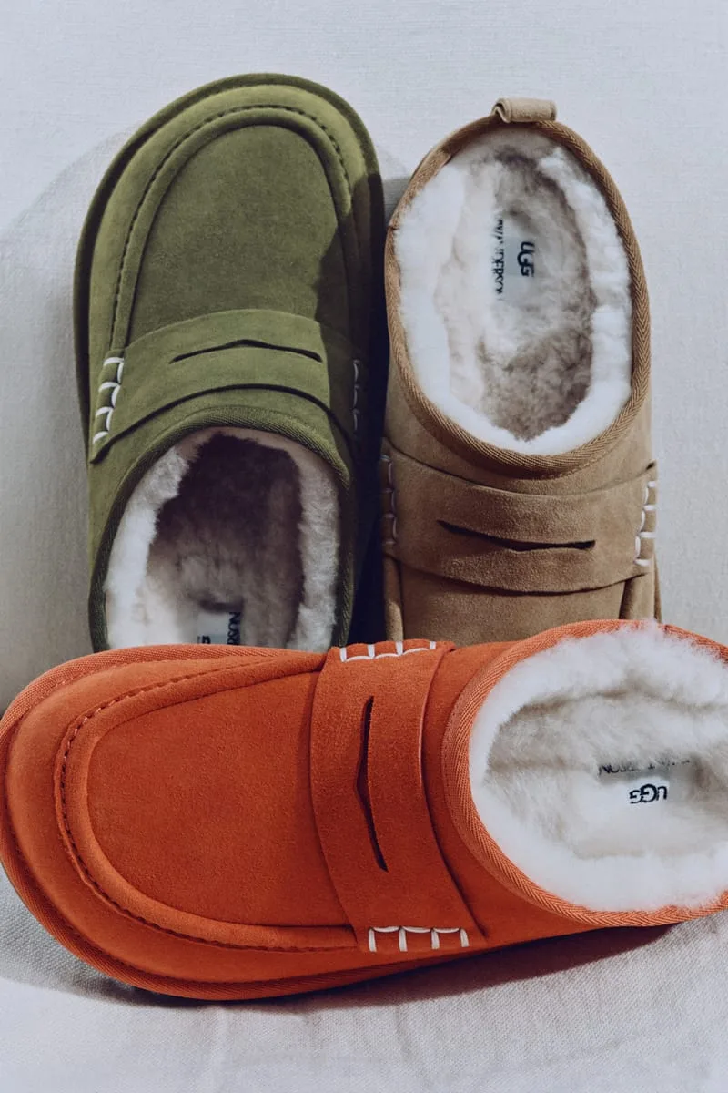 Top-down view of three suede loafer clogs in olive, tan and orange with shearling lining and white stitching, x JW Anderson