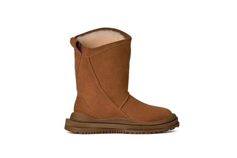 Lateral view of tan suede mid-height boot with diagonal stitching and layered brown sole, Heritage Utility Grizz