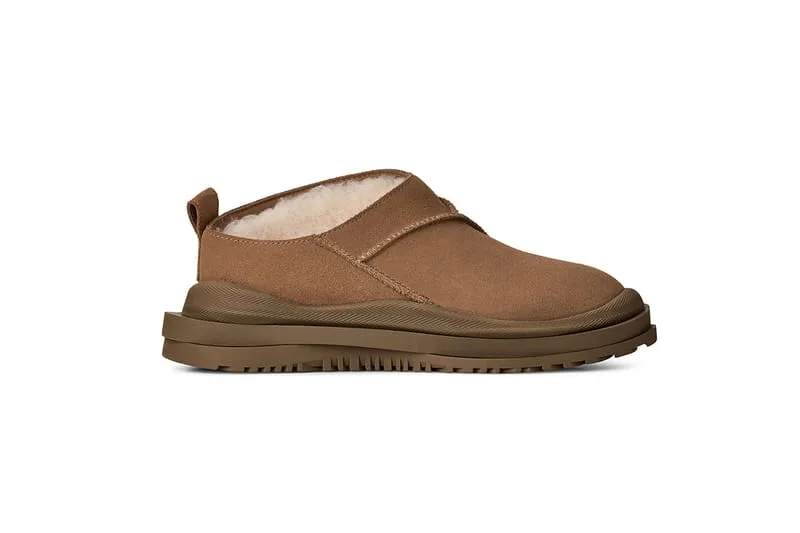 Lateral view of tan suede slip-on with shearling lining and layered tonal brown sole, Heritage Utility Grizz