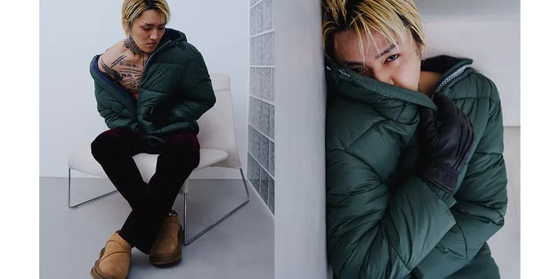 Two-panel on-foot shots of a model in a green puffer jacket wearing tan suede slip-ons, Heritage Utility Grizz