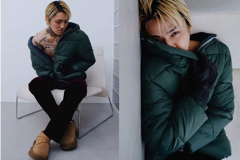 Two-panel on-foot shots of model in green puffer jacket, tan suede slip-ons and maroon trousers, Heritage Utility Grizz