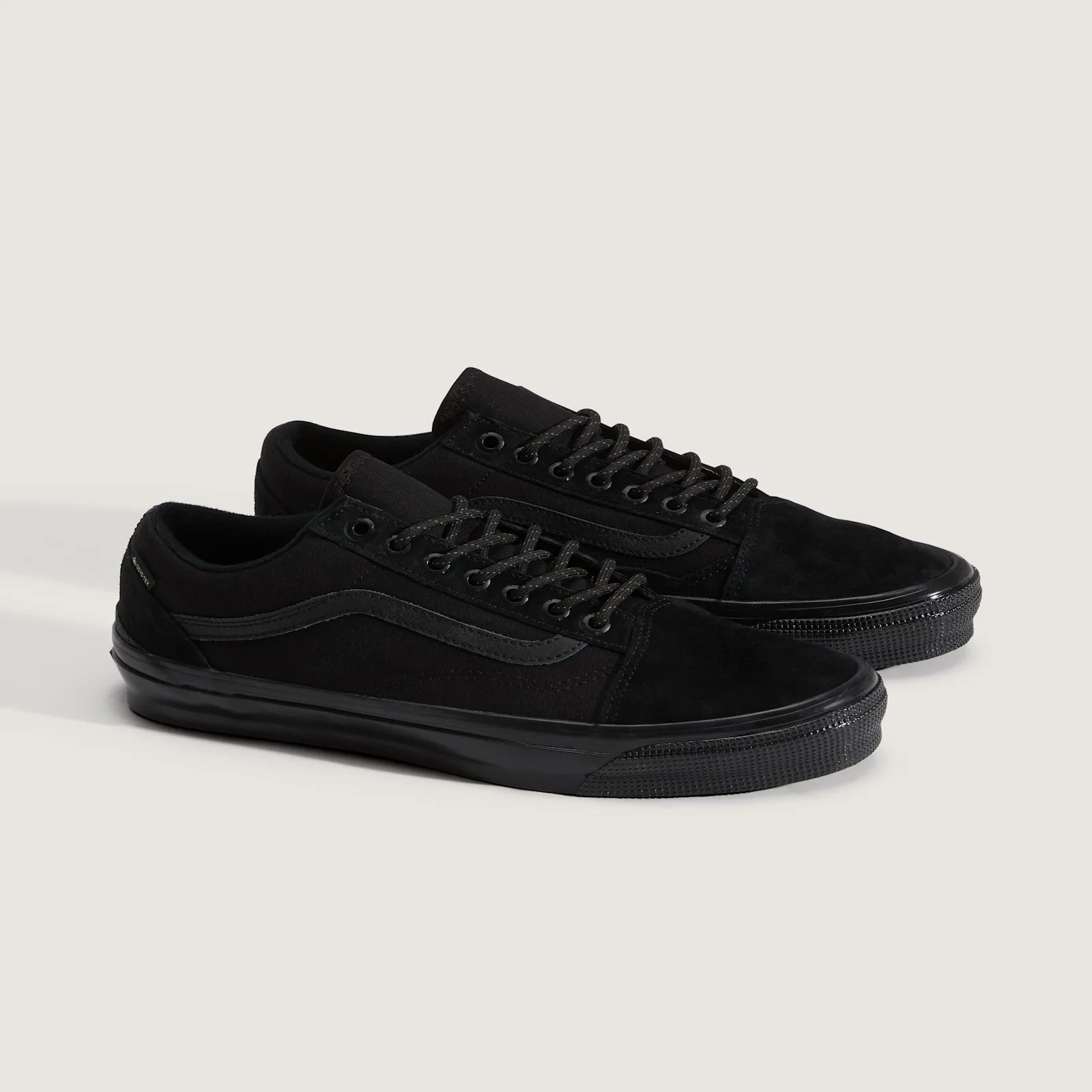 Pair at three-quarter angle, all black with suede toe caps and textured black midsole, 36 GORE Tex