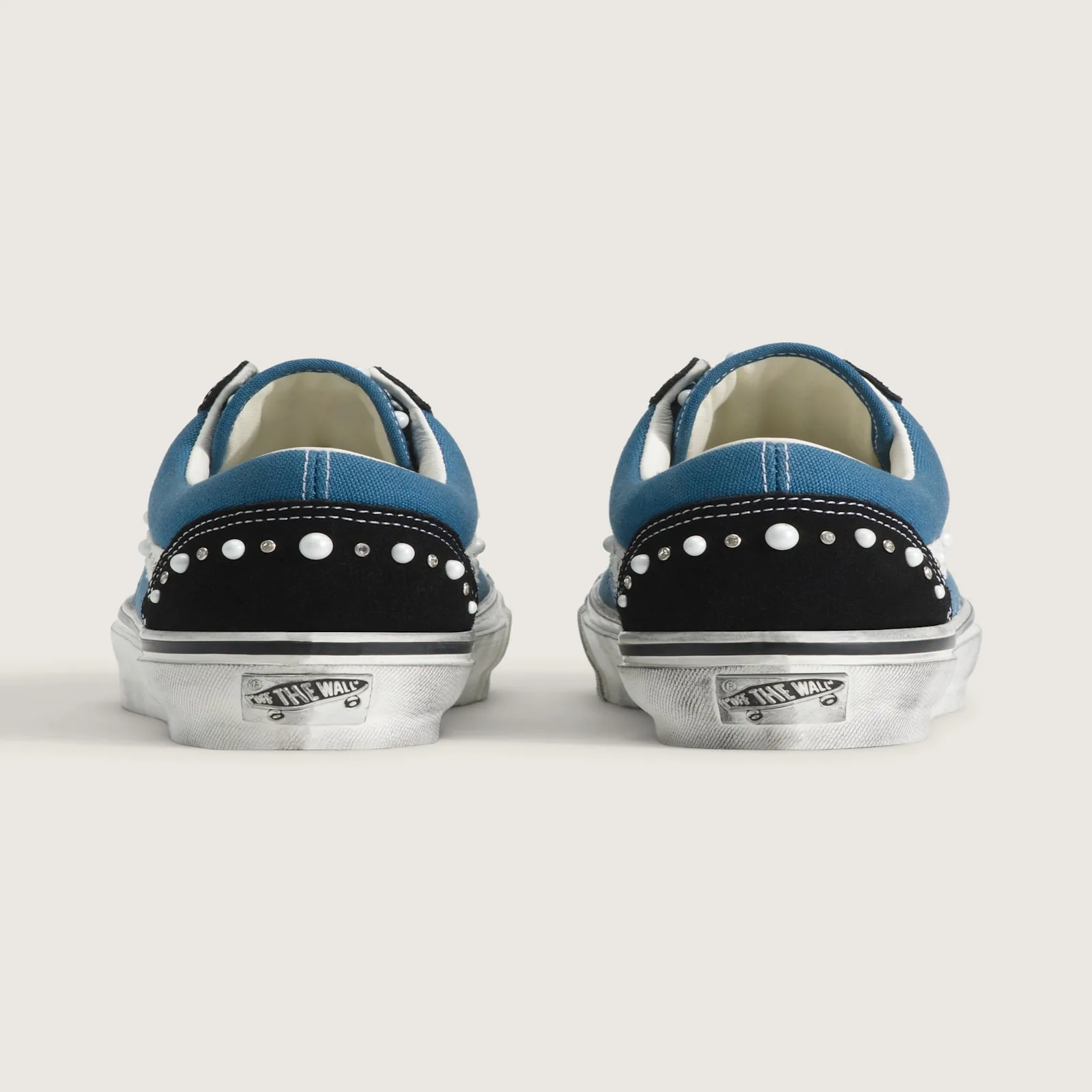 heel view of pair, pearl and crystal studded black heel counters, Navy Blue