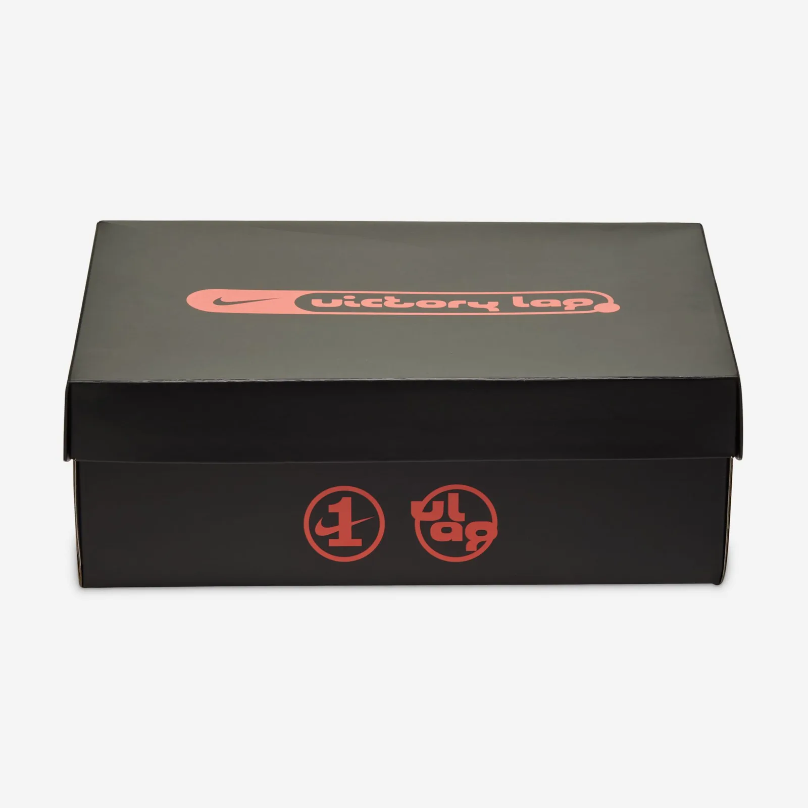 Black shoebox with red Victory Lap logo on lid and two red circular emblems on the base, Black Patent