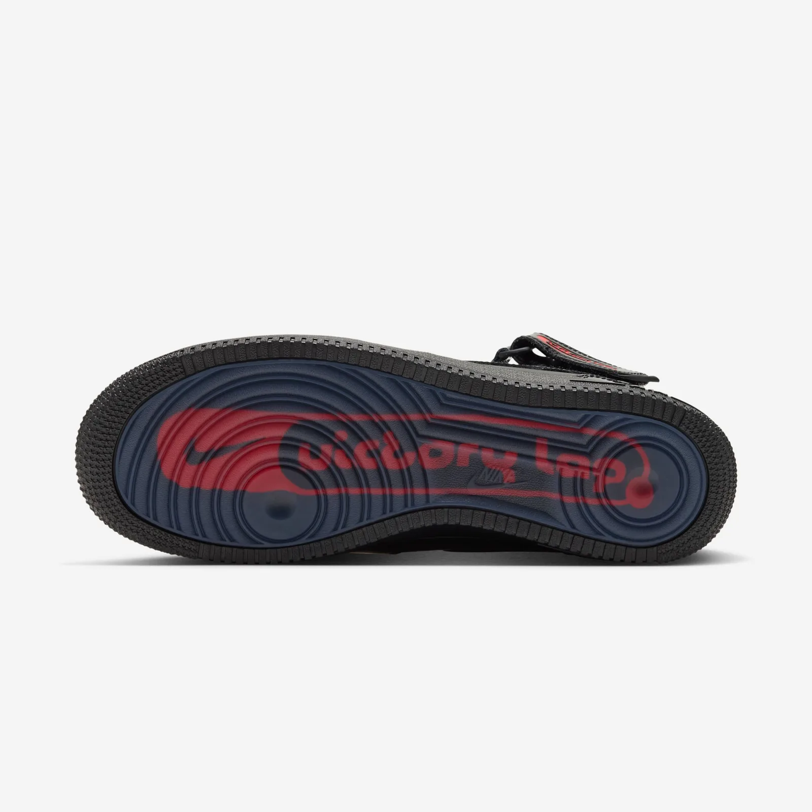 Outsole view, navy translucent sole with red Victory Lap logo under black rubber rim, Black Patent