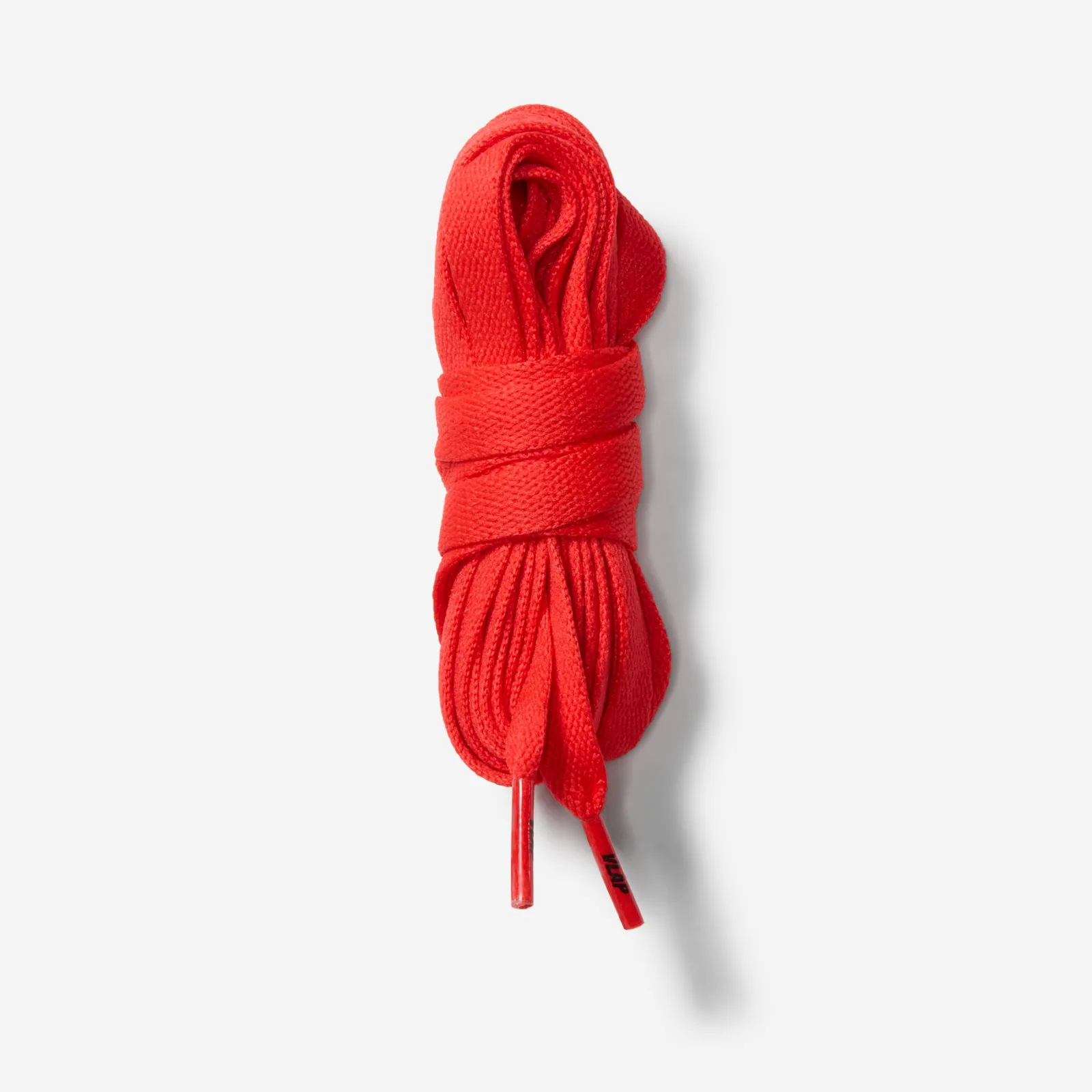 Top-down coiled red flat laces with black text on the red aglet, Black Patent