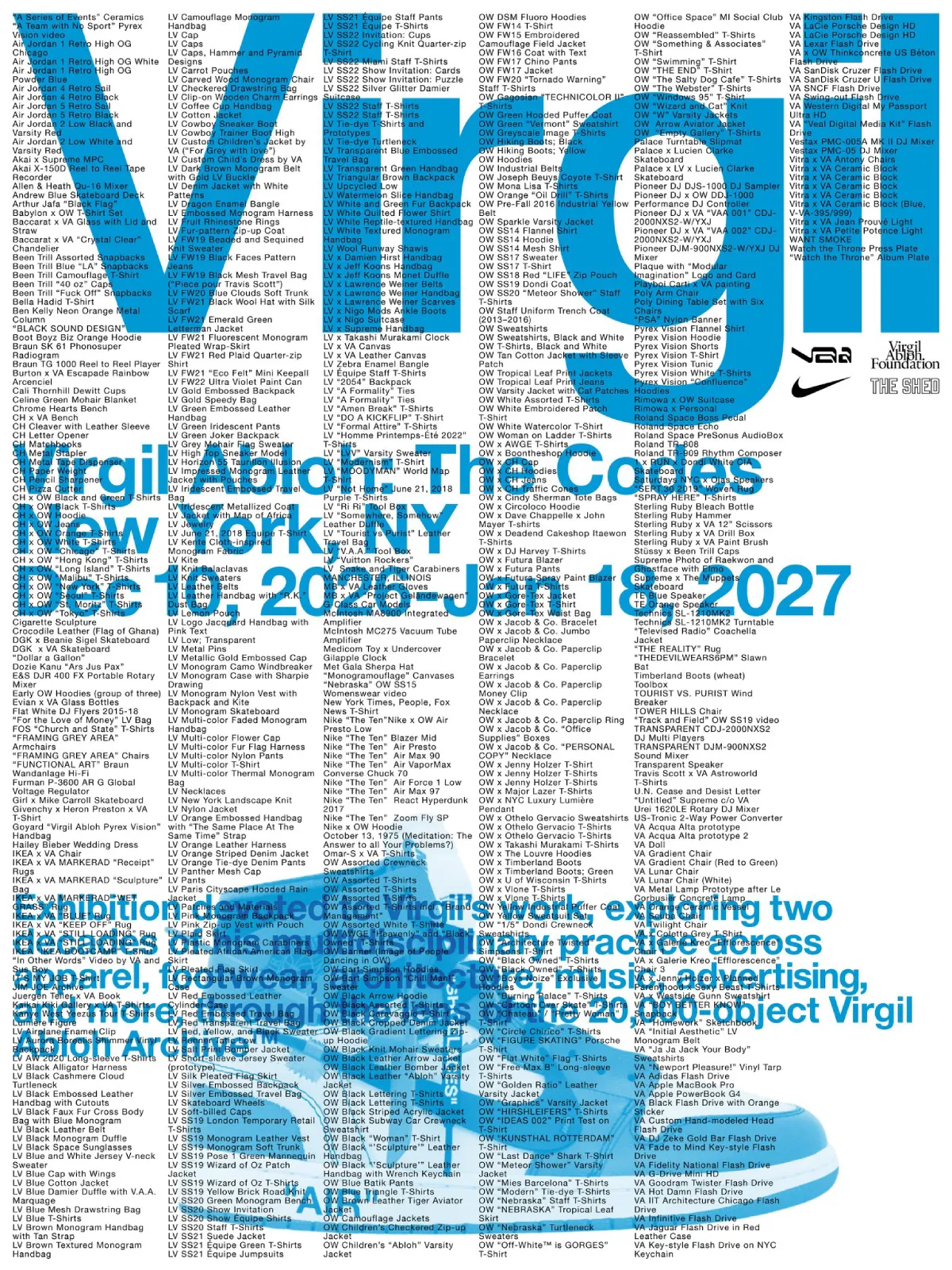 Poster with dense black text columns and large blue "Virgil" lettering, dates and a shoe outline, Abloh: The Codes